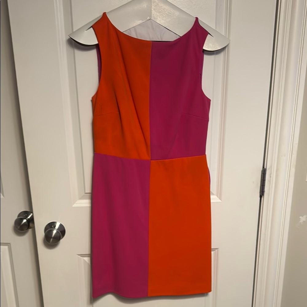 Trina Turk Orange and Pink Sheath Mini Dress Bateau Neckline
